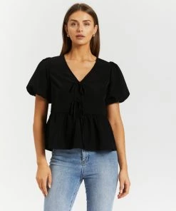 Atmos&Here Kalia Bow Front Puff Sleeve Blouse Black