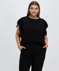 Atmos&Here Curvy Nadine Frill Sleeve Dobby Blouse Black