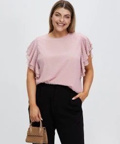 Atmos&Here Curvy Nadine Frill Sleeve Dobby Blouse Blush