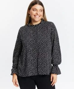 Atmos&Here Curvy Charlize Frill Detail Blouse Black Speckle