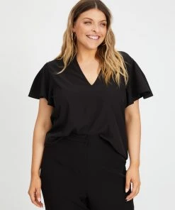 Atmos&Here Curvy Imogen Flutter Sleeve Blouse Black