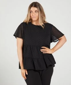 Atmos&Here Curvy Emmery Dobby Smock Blouse Black