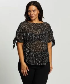 Atmos&Here Curvy Taylor Tie Sleeve Top Black & White Spot