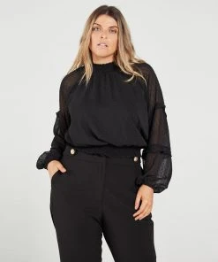 Atmos&Here Curvy Nila Lace Detail Blouse Black