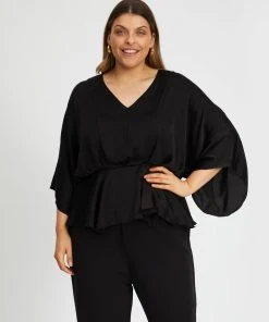 Atmos&Here Curvy Emma Drape Front Blouse Black