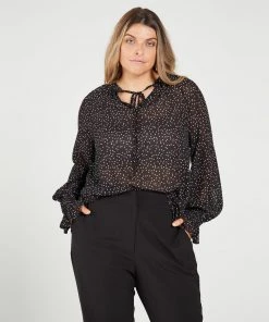 Atmos&Here Curvy Greta Blouson Sleeve Blouse Black Polkadot