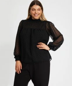 Atmos&Here Curvy Avery Shirred Neck Dobby Blouse Black
