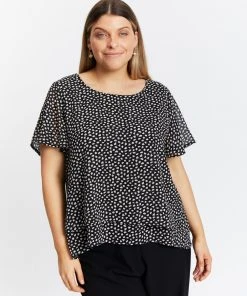 Atmos&Here Curvy Vivia Flutter Sleeve Blouse Black Speckle