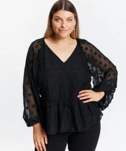 Atmos&Here Curvy Ash V-Neck Dobby Blouse Black