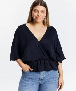 Atmos&Here Curvy Tina V Neck Wrap Blouse Navy