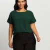 Atmos&Here Curvy Bianca Button Tab Woven Tee Forest Green