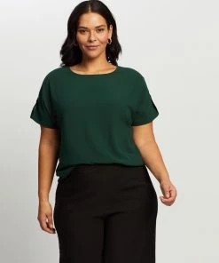 Atmos&Here Curvy Bianca Button Tab Woven Tee Forest Green