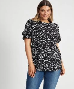 Atmos&Here Curvy Alice Puff Sleeve Smock Top Black Speckle