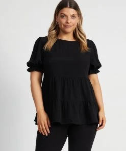 Atmos&Here Curvy Alice Puff Sleeve Smock Top Black