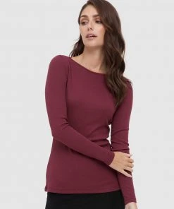 Bamboo Body Ribbed Boatneck Top Burgundy Rib