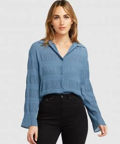 Belle & Bloom Yoko Shirred Chiffon Blouse Dusty Blue