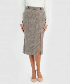 Forcast Lilly Side Split Check Skirt Brown