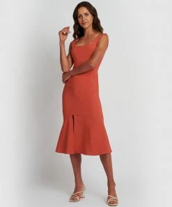 Forcast Judith Square Neck Dress Deep Coral