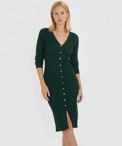 Forcast Rivera Button Up Knit Dress Dark Green