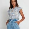 Forcast Josephina Tie Neck Frilled Sleeve Blouse Sky Blue