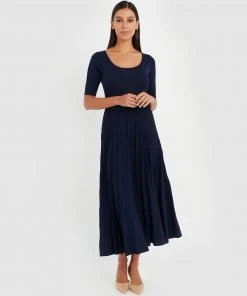 Forcast Irene Pleated Knit Dress Navy