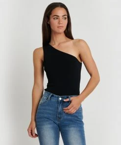Forcast Marissa One Shoulder Knit Top Black