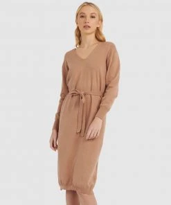 Forcast Francesca Tie Waist Knit Dress Light Camel