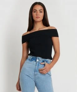 Forcast Jasmine Off Shoulder Knit Top Black