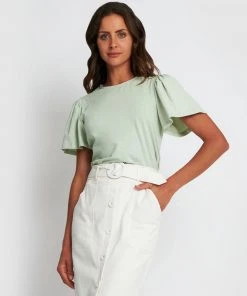 Forcast Cayla Gathered Sleeve Tee Green Tint