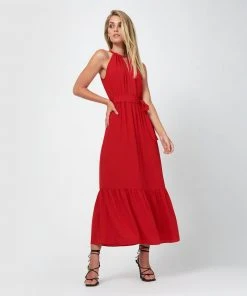 Forcast Dominique Halter Neck Peplum Hem Dress Red