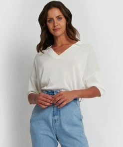 Forcast Deborah Relax Fit Polo Collar Knit Sweater Ivory