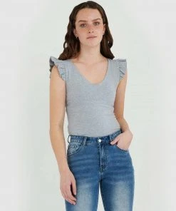 Forcast Erin Ruffle Sleeve Tee Light Grey