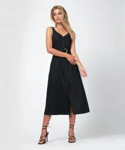 Forcast Georgia Button Up Tie Waist Dress Black