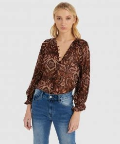 Forcast Kaia Long Sleeve Paisley Blouse Brown