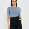 Forcast Marie Puff Sleeve Knit Top Stone Blue