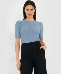 Forcast Marie Puff Sleeve Knit Top Stone Blue