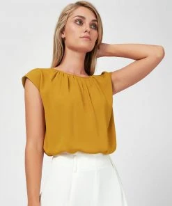Forcast Jolie Pleat Neck Blouse Mustard