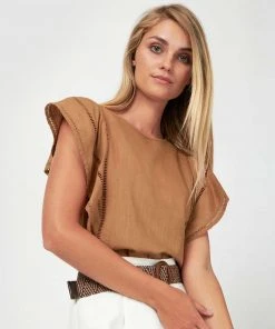 Forcast Darla Ruffle Sleeve Top Light Tan