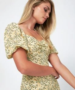 Forcast Harmony Puff Sleeve Side Split Midi Dress Lemon Icing