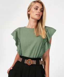Forcast Darla Ruffle Sleeve Top Dusty Khaki