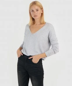 Forcast Haley V-Neck Button-Cuff Knit Light Grey