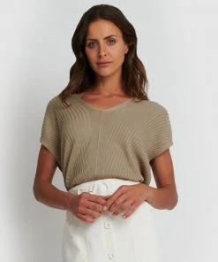 Forcast Sloan Relax Fit Ribbed V-Neck Cape Sweater Taupe