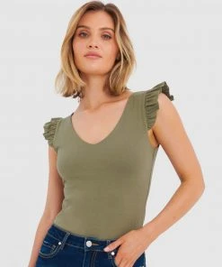 Forcast Erin Ruffle Sleeve Tee Khaki