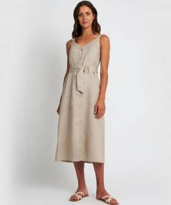 Forcast Georgia Button Up Tie Waist Dress Natural