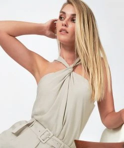 Forcast Kathy Knot Halter Neck Top Silver Cloud