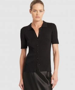 FRIEND of AUDREY Madden Buttoned Polo Knit Black