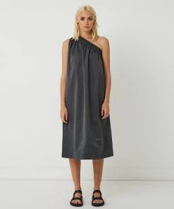 FRIEND of AUDREY Lola One Shoulder Cotton-Blend Dress Dark Slate