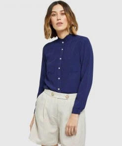 Oxford Amberly Double Pocket Blouse Blue