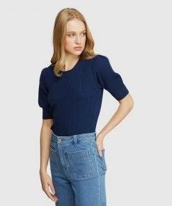 Oxford Kirsten Short Sleeve Cable Knit Navy