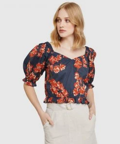 Oxford Billy Tropical Print Cotton Top Navy/Spice